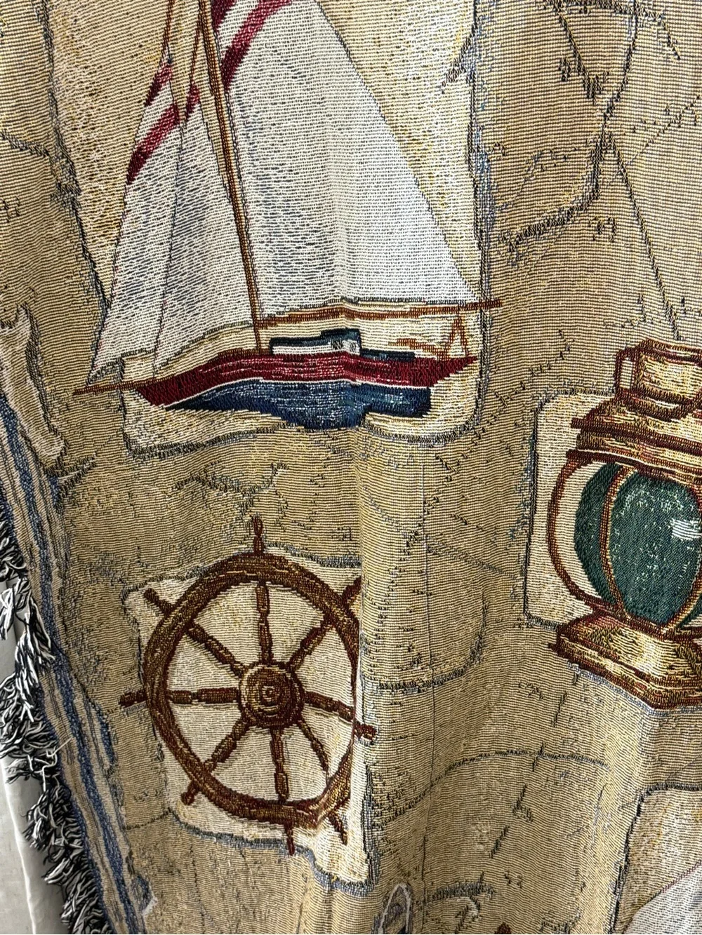 Nautical Tapestry Throw Blanket - Sailboat, Lighthouse & Bell Motif